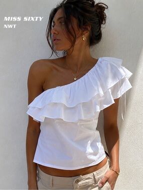 NWT One Shoulder Double Ruffle Top White Poplin Euro Minimalist Blouse Small